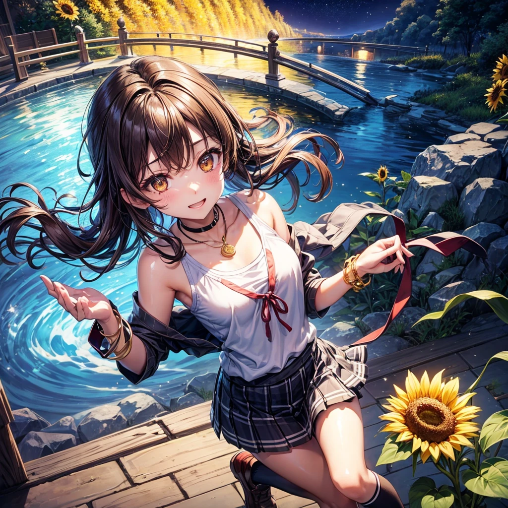 Red, brown, gold, gold hair、Golden Eyes、Hair tied up、One good looking girl、solo、anime、Checkered mini skirt、Ruffles on the skirt、camisole、Lightweight cardigan、school uniform、Black knee-high socks、Wearing a baseball cap、Ribbon、Ribbon on waist、Teeth are visible、Silver coin necklace、From above、Sunflower Tunnel、Cobblestones、waterfall、Have sunflowers、Starry Sky、Midnight Moon、Winding Road、suspension bridge、Soap bubbles are flying、mosquito、beam、ripple