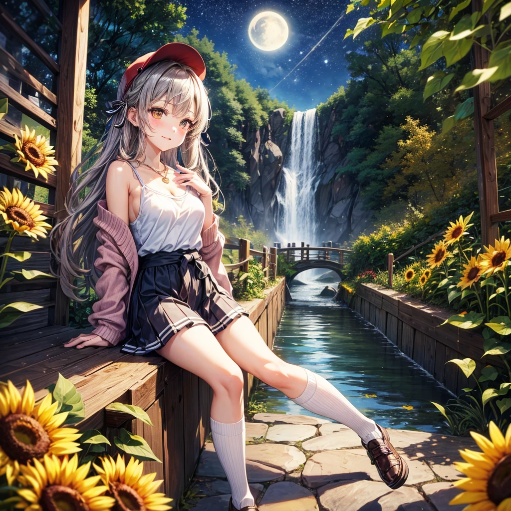 Red, brown, gold, gold hair、Golden Eyes、Hair tied up、One good looking girl、solo、anime、Checkered mini skirt、Ruffles on the skirt、camisole、Lightweight cardigan、school uniform、Black knee-high socks、Wearing a baseball cap、Ribbon、Ribbon on waist、Teeth are visible、Silver coin necklace、From above、Sunflower Tunnel、Cobblestones、waterfall、Have sunflowers、Starry Sky、Midnight Moon、Winding Road、suspension bridge、Soap bubbles are flying、mosquito、beam、ripple