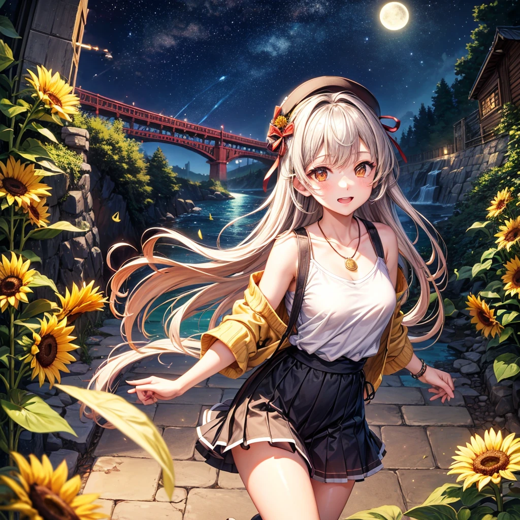 Red, brown, gold, gold hair、Golden Eyes、Hair tied up、One good looking girl、solo、anime、Checkered mini skirt、Ruffles on the skirt、camisole、Lightweight cardigan、school uniform、Black knee-high socks、Wearing a baseball cap、Ribbon、Ribbon on waist、Teeth are visible、Silver coin necklace、From above、Sunflower Tunnel、Cobblestones、waterfall、Have sunflowers、Starry Sky、Midnight Moon、Winding Road、suspension bridge、Soap bubbles are flying、mosquito、beam、ripple