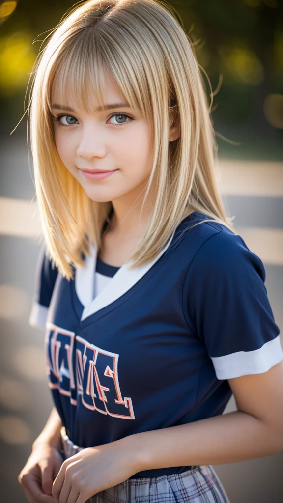 Highest quality,masterpiece:1.3,Ultra-high resolution),(Very detailed,Caustics,8K),(Realistic:1.4,RAW shooting),American girl wearing high school jersey,smile,18-year-old,Blonde Hair Color、American eyes、Long Haircut,Looking into the camera,School playground、Waist up shot,front,Face Focus,Face close-up,(Warm Light),Professional Writing