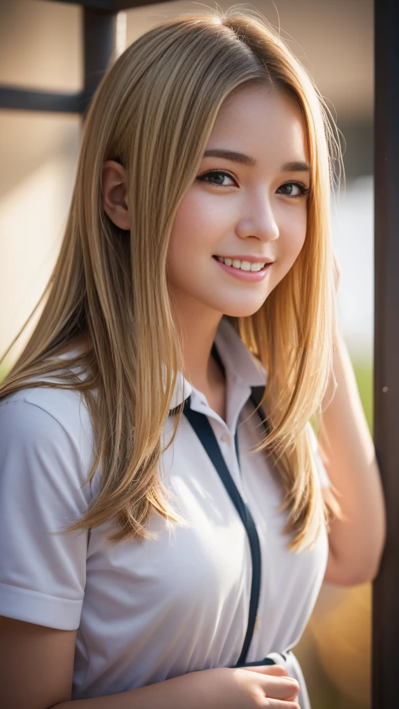 Highest quality,masterpiece:1.3,Ultra-high resolution),(Very detailed,Caustics,8K),(Realistic:1.4,RAW shooting),American girl wearing high school jersey,smile,18-year-old,Blonde Hair Color、American eyes、Long Haircut,Looking into the camera,School playground、Waist up shot,front,Face Focus,Face close-up,(Warm Light),Professional Writing