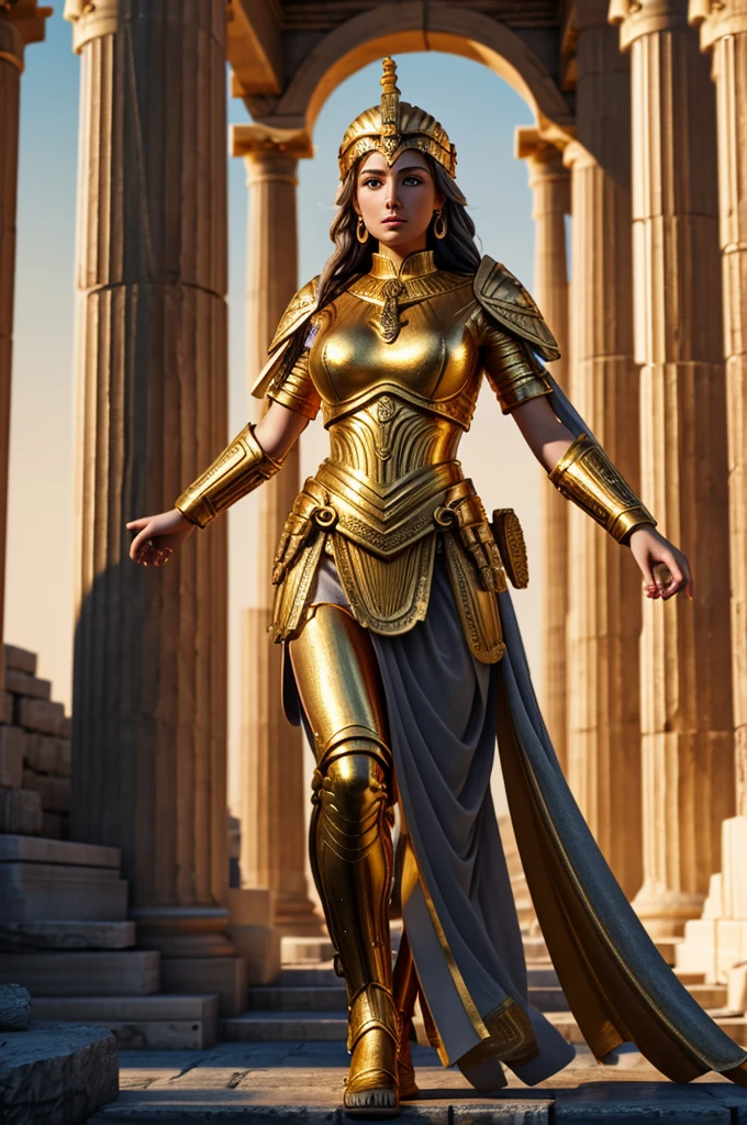 Athena Greek goddess in golden armor, glowing eyes, background of a shinning Greek temple, hyper-detailed, digital art, beautiful lighting, 8k, art station