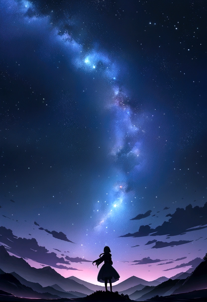 Beautiful starry sky anime style scene at night, Space Sky, anime art wallpaper 4k, anime art wallpaper 4k, Anime Art Wallpapers 8K, anime wallpaper 4k, anime wallpaper 4k, 4k anime wallpaper, Awesome Wallpapers, Man flying in the night sky、The night view below