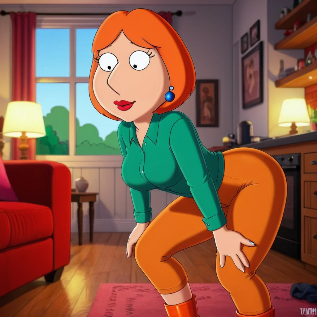 Lois_Griffin, (((1girl, solo, alone, red lips, orange short hair))), perfect eyes, shortstack, flat color, cartoon, animated, makeup, eyeliner, mascara, looking at viewer, smile, parted lips,
green shirt, brown pants, red shoes,
sexy pose, dynamic pose, dynamic angle, cowboy shot,
living room, indoor,