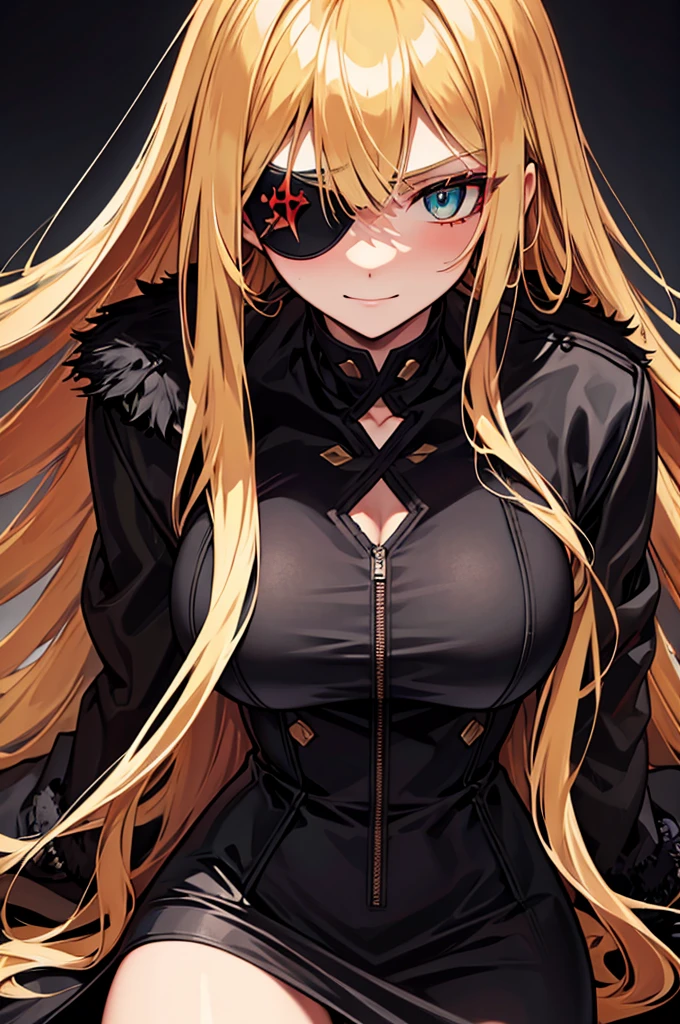 ((masterpiece)), ((best quality)), 1girl, adult, long hair, ((blonde hair)), very long blonde hair, ((intimidant look)), ((close-up)), profile image, green eyes, black and red clothes, sexy, dark colors, brillant eyes, ((coat with fur)), ((wavy hair)), exposed skin, ((sexy pose)), ((intimidant look)), good anatomy, ((dark sage clothes)), ((straight cut bangs)), emotionless, intimidant, ((beautiful eyes)), dark background, close up, ((detailed eyes)), beautiful eyes, ((detailed face)), hair bang, frontal look, evil, relaxed, smile, magical goddess othinus, detailed face, eyepatch, full body, ((detailed))