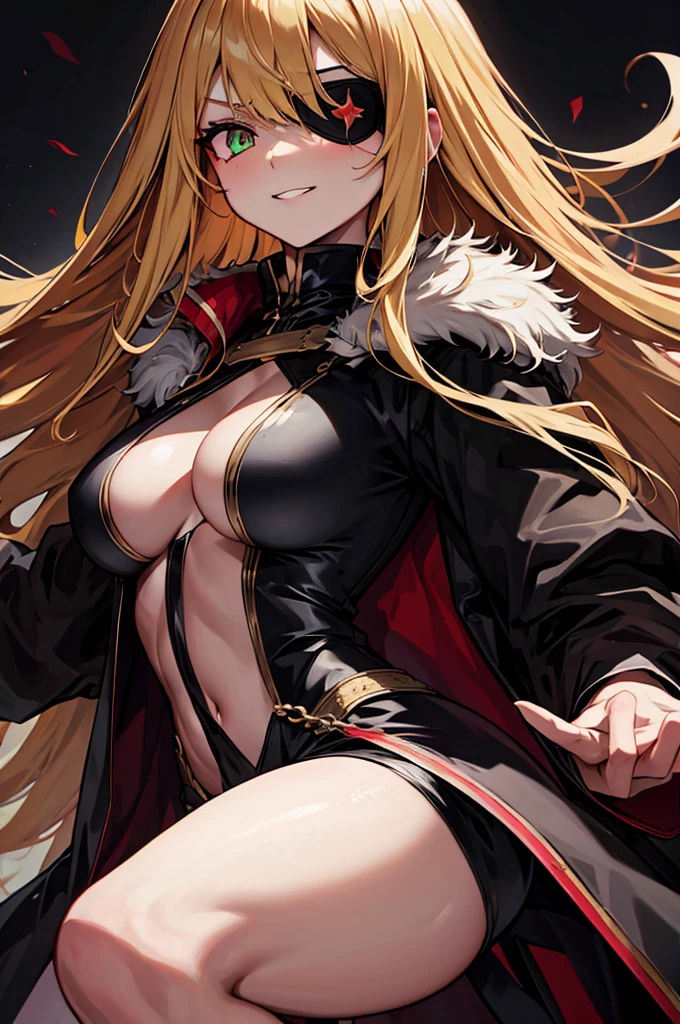 ((masterpiece)), ((best quality)), 1girl, adult, long hair, ((blonde hair)), very long blonde hair, ((intimidant look)), ((close-up)), profile image, green eyes, black and red clothes, sexy, dark colors, brillant eyes, ((coat with fur)), ((wavy hair)), exposed skin, ((sexy pose)), ((intimidant look)), good anatomy, ((dark sage clothes)), ((straight cut bangs)), emotionless, intimidant, ((beautiful eyes)), dark background, close up, ((detailed eyes)), beautiful eyes, ((detailed face)), hair bang, frontal look, evil, relaxed, smile, magical goddess othinus, detailed face, eyepatch, full body, ((detailed))