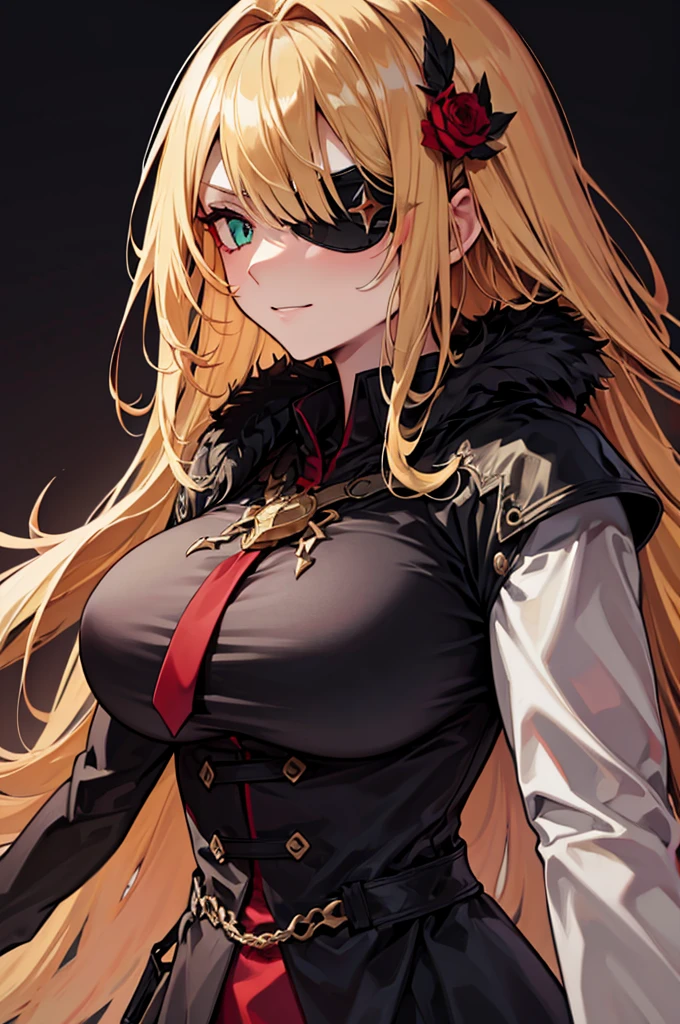 ((masterpiece)), ((best quality)), 1girl, adult, long hair, ((blonde hair)), very long blonde hair, ((intimidant look)), ((close-up)), profile image, green eyes, black and red clothes, sexy, dark colors, brillant eyes, ((coat with fur)), ((wavy hair)), exposed skin, ((sexy pose)), ((intimidant look)), good anatomy, ((dark sage clothes)), ((straight cut bangs)), emotionless, intimidant, ((beautiful eyes)), dark background, close up, ((detailed eyes)), beautiful eyes, ((detailed face)), hair bang, frontal look, evil, relaxed, smile, magical goddess othinus, detailed face, eyepatch, full body, ((detailed))
