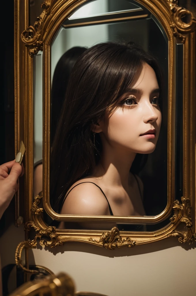 Eyes in the darkness reflected in a beautiful mirror