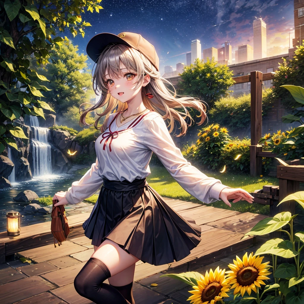 Red, brown, gold, gold hair、Golden Eyes、Hair tied up、One good looking girl、solo、anime、Checkered mini skirt、Ruffles on the skirt、camisole、Lightweight cardigan、school uniform、Black knee-high socks、Wearing a baseball cap、Ribbon、Ribbon on waist、Teeth are visible、Silver coin necklace、From above、Sunflower Tunnel、Cobblestones、waterfall、Have sunflowers、Starry Sky、Midnight Moon、Winding Road、suspension bridge、Soap bubbles are flying、mosquito、beam、ripple