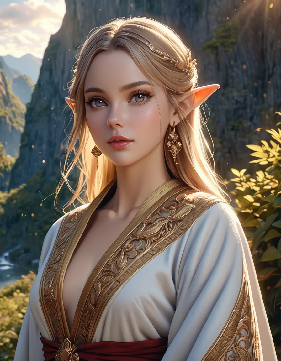 A beautiful and lively half-elf girl, wearing a soft robe, holding a golden bow, (best quality,4k,8k,highres,masterpiece:1.2),ultra-detailed,(realistic,photorealistic,photo-realistic:1.37),extremely detailed eyes and face, beautiful detailed lips, long eyelashes, elegant noble posture, natural lighting, warm color tone, fantasy landscape background, intricate details, cinematic composition, dramatic lighting