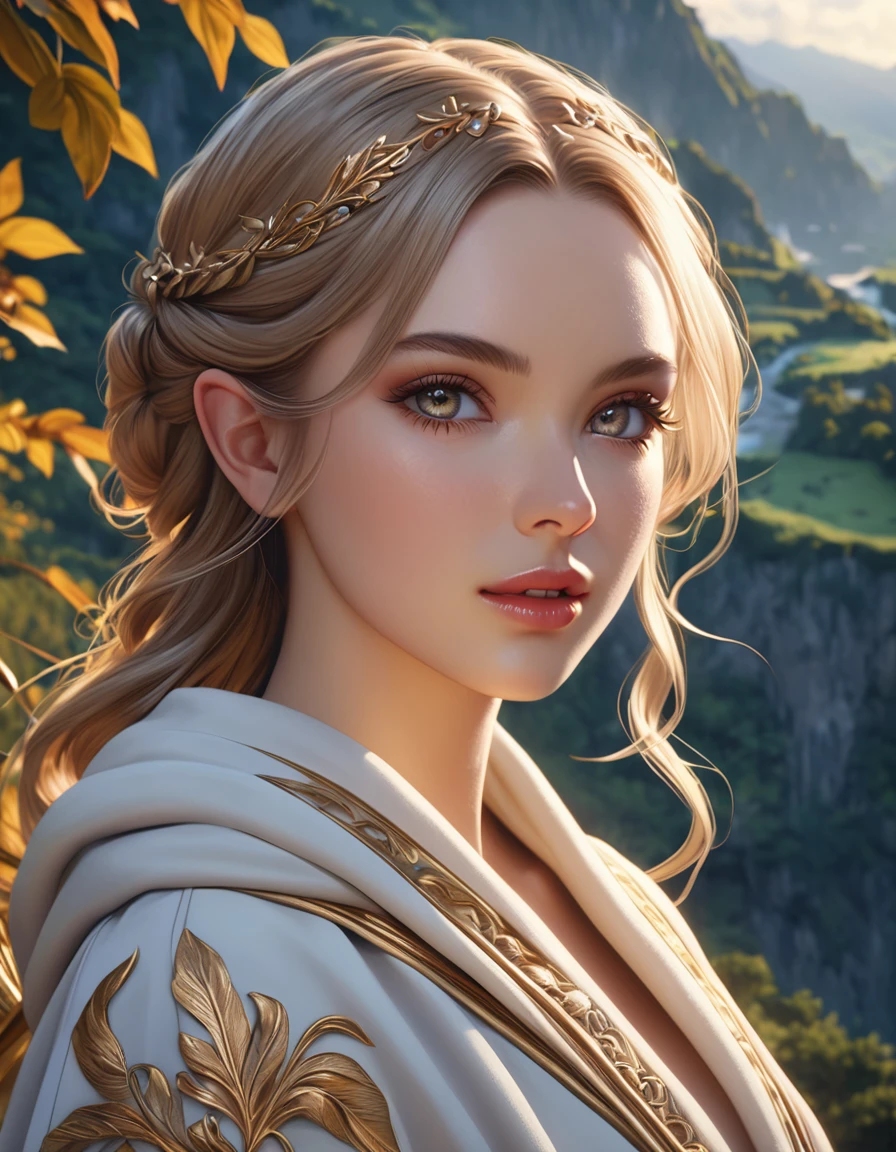 A beautiful and lively half-elf girl, wearing a soft robe, holding a golden bow, (best quality,4k,8k,highres,masterpiece:1.2),ultra-detailed,(realistic,photorealistic,photo-realistic:1.37),extremely detailed eyes and face, beautiful detailed lips, long eyelashes, elegant noble posture, natural lighting, warm color tone, fantasy landscape background, intricate details, cinematic composition, dramatic lighting