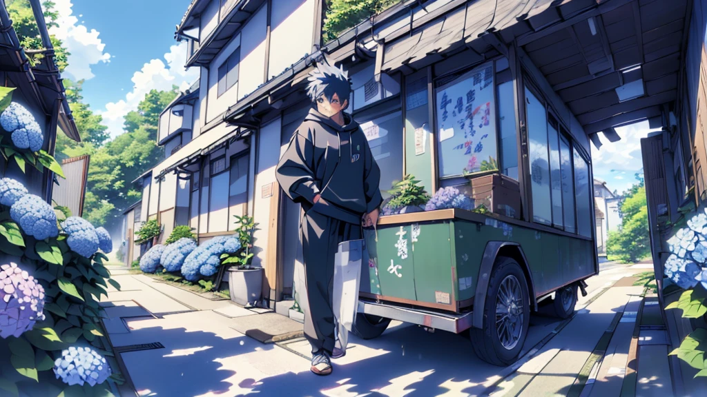 ((Highest quality)), ((masterpiece)), (detailed), Highest quality、High resolution、8K、Very cloudy sky、hoodie、Japan、自転車に乗ったJapanの学生服を着た男子学生の後ろ姿、Heavy downpour、Standing surrounded by hydrangeas、Japanのアニメのような画風、超High resolutionかわいい萌えアニメ8k