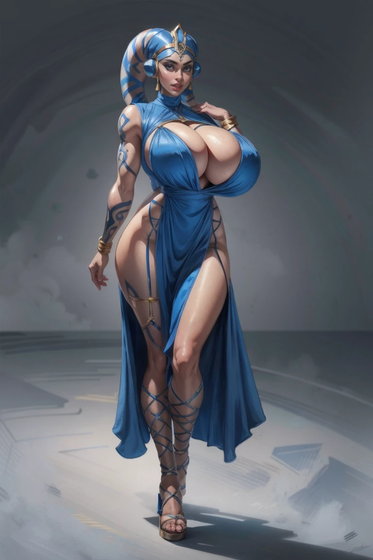 Tall Blue Skin Twi'lek with (huge breasts) wearing a tight short gold cocktail dress, short dress, high neck, sleeveless, (keyhole cleavage), tattoos, huge breasts, cleavage, tall, graceful, (tall, long legs), toned, slim hips, small waist, full-body shot