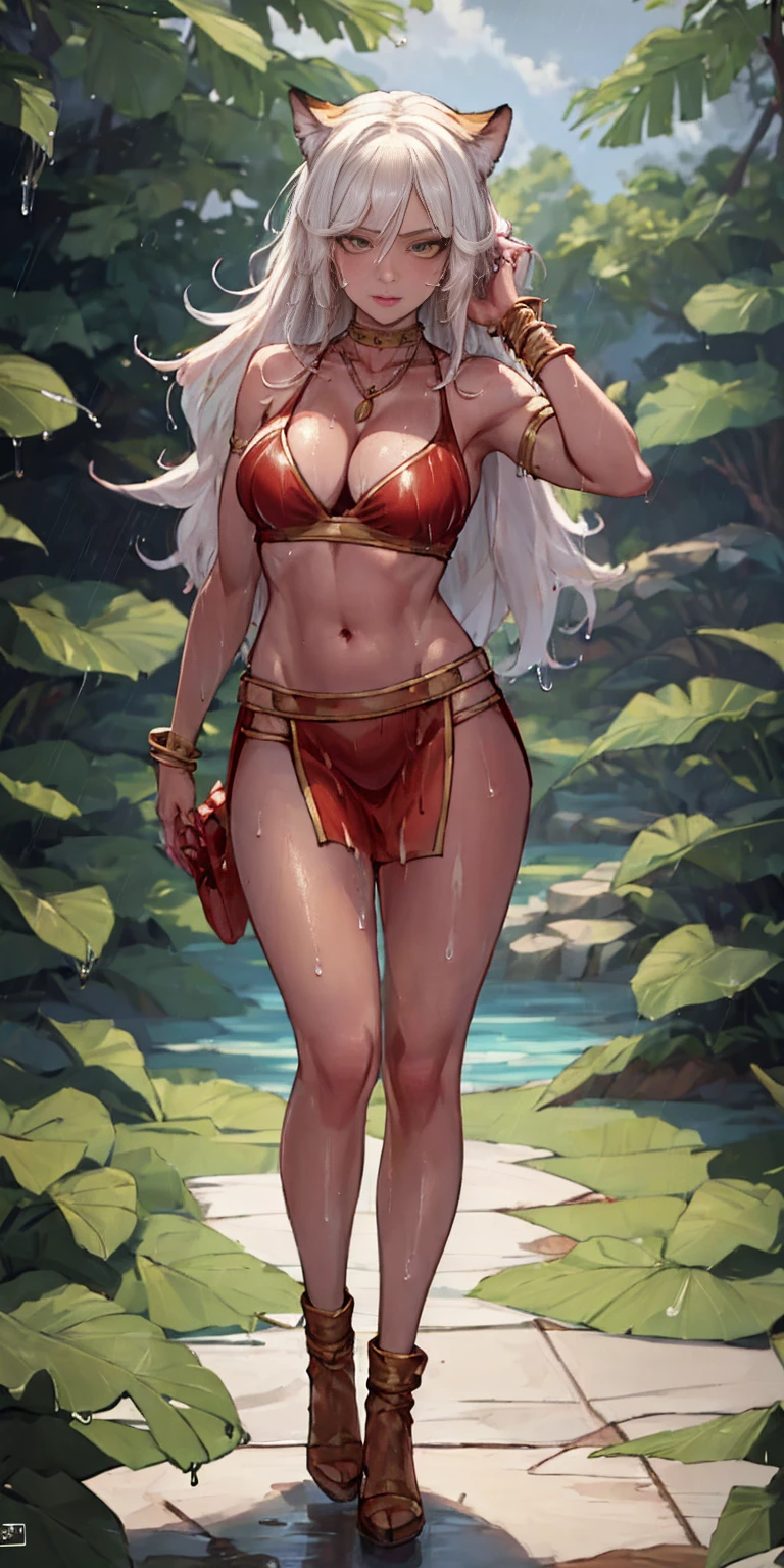 leather collar (Best quality, 4k, Masterpiece :1.3) full body standing symmetrical beautiful woman, hyper realistic, 1girl (drooping breasts, attractive body :1.2) sit-ups :1.1, short red hair: 1.1 (wet rainy, wet by rain, wet body :1.2) ultra-detailed face, detailed lips, detailed eyes, double eyelid, low-necked dress, open neckline, hanging breasts, side pose, visible curves, pool , poolside, red transparent robe, red sunglasses, muscular turned arms behind body, leather collar, golden bracers