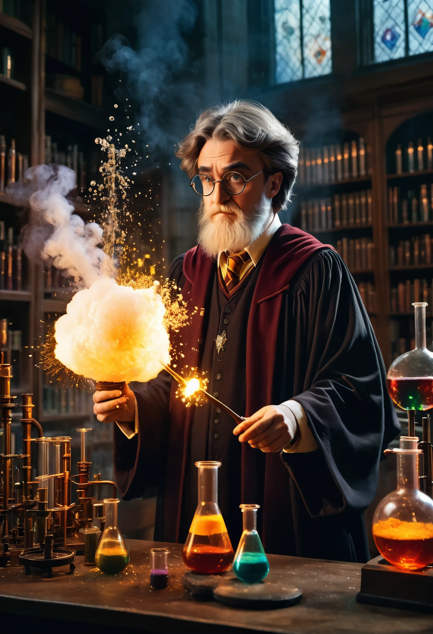 a wizard in glasses, harry potter, chemistry teacher, science lab, conducting experiments, beakers, test tubes, explosions, chemistry, intricate details, cinematic lighting, moody atmosphere, warm color tones, photorealistic, 8k, highly detailed, masterpiece