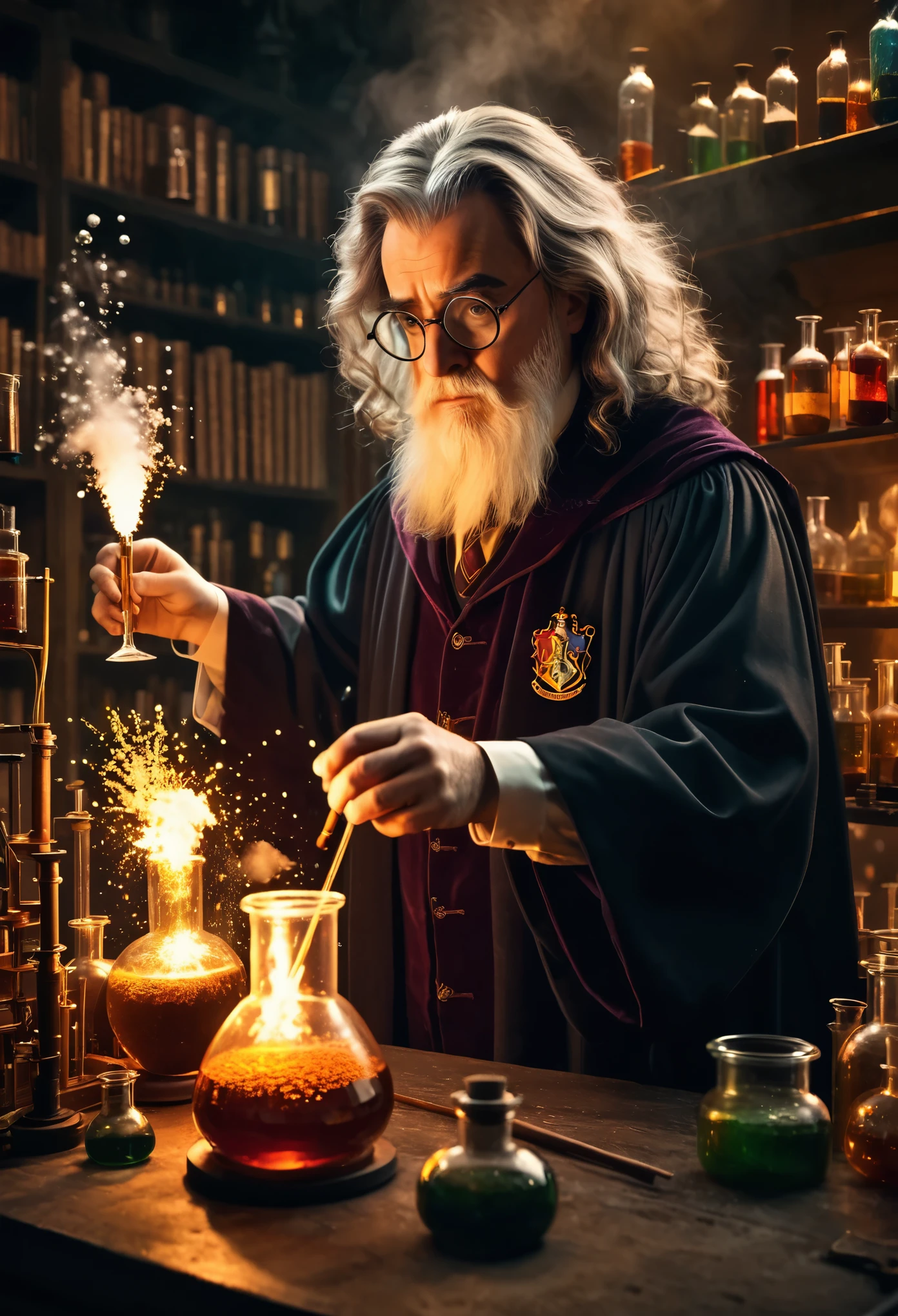 a wizard in glasses, harry potter, chemistry teacher, science lab, conducting experiments, beakers, test tubes, explosions, chemistry, intricate details, cinematic lighting, moody atmosphere, warm color tones, photorealistic, 8k, highly detailed, masterpiece