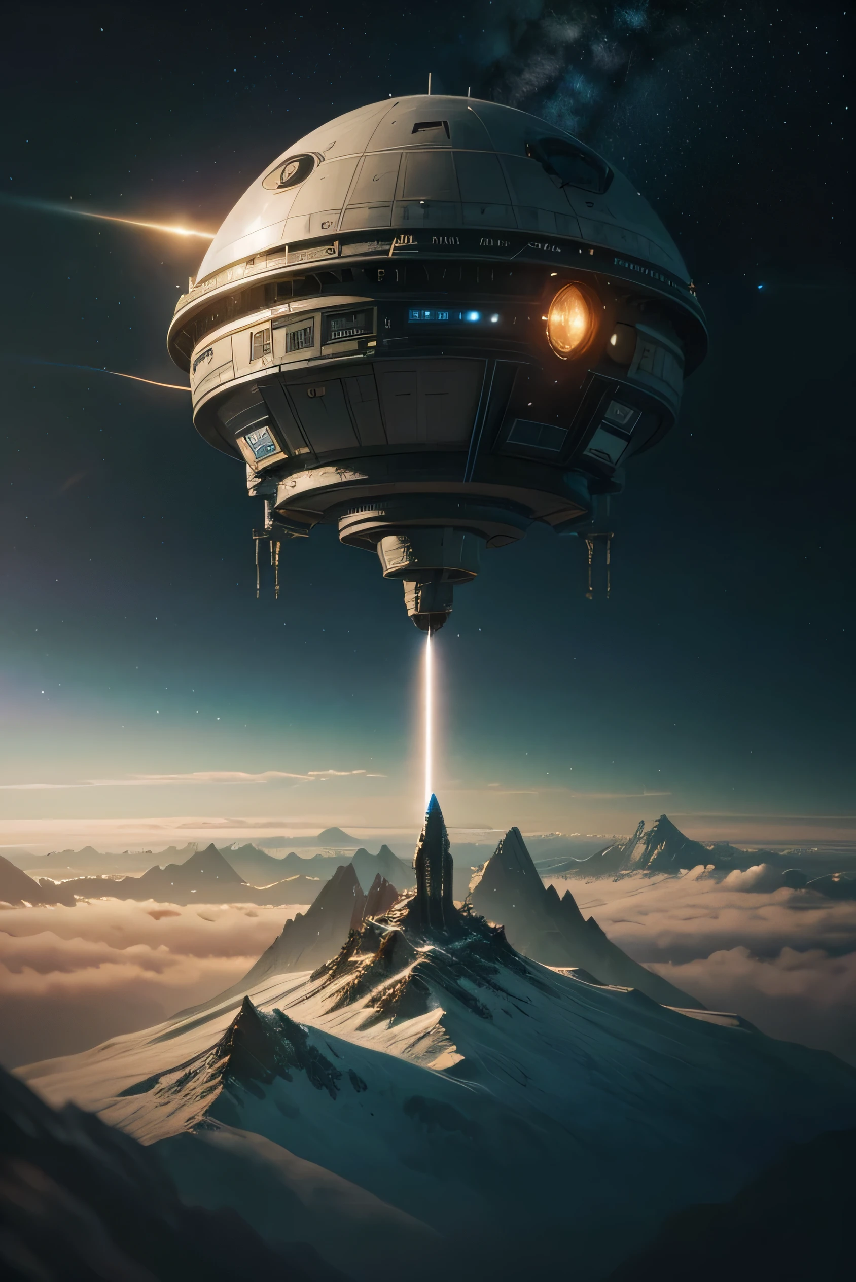 spacecraft flying over a mountain with sky background, verdant exoplanet, science fiction spaceship, inspired by Craig Mullins, science fiction fantasy art, Wlop e Rhads