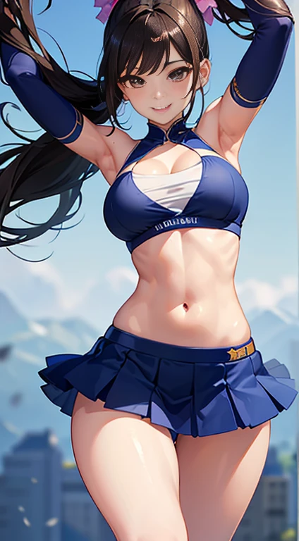 Highest quality, 8K, masterpiece :1.3)), whole body, Sharp focus :1.2, Beautiful woman with perfect figure :1.4, Slim Abs :1.2, ((Dark brown hair, Big Breasts :1.2)), whole bodyショット)，(RAW shooting:1.2)、(realism:1.4)、(masterpiece:1.3)、(Highest quality:1.4)、The Beauty of Japan、Black Hair，Beautiful and eye-catching details、Beautiful eyelashes and double eyelids、eye shadow、Perfect Eye Makeup、alone、cute、(cute:1.2)、(A smile full of happiness:1.4)、Smiling Kindly、show excitement、(ponytail:1.2)、(From the bottom perspective:1.3)、(mini skirt)、くThin legs、(Perfect Body Beauty:1.3)、Shiny skin、(Cheerleading and other energetic poses:1.5)、Looking into the camera，Narrow waist、Thin legs、Big Breasts、Photorealistic、Age 25、Cleavage、Glamour、sexy、Thighs、長いponytail、Korean Idol、Big Boobs、Smile with mouth closed
