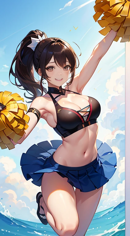 Highest quality, 8K, masterpiece :1.3)), whole body, Sharp focus :1.2, Beautiful woman with perfect figure :1.4, Slim Abs :1.2, ((Dark brown hair, Big Breasts :1.2)), whole bodyショット),(RAW shooting:1.2)、(realism:1.4)、(masterpiece:1.3)、(Highest quality:1.4)、The Beauty of Japan、Black Hair,Beautiful and eye-catching details、Beautiful eyelashes and double eyelids、eye shadow、Perfect Eye Makeup、alone、cute、(cute:1.2)、(A smile full of happiness:1.4)、Smiling Kindly、show excitement、(ponytail:1.2)、(From the bottom perspective:1.3)、(mini skirt)、くThin legs、(Perfect Body Beauty:1.3)、Shiny skin、(Cheerleading and other energetic poses:1.5)、Looking into the camera,Narrow waist、Thin legs、Big Breasts、Photorealistic、Age 25、Cleavage、Glamour、sexy、Thighs、長いponytail、Korean Idol、Big Boobs、Smile with mouth closed