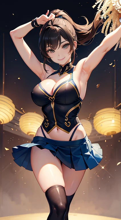 Highest quality, 8K, masterpiece :1.3)), whole body, Sharp focus :1.2, Beautiful woman with perfect figure :1.4, Slim Abs :1.2, ((Dark brown hair, Big Breasts :1.2)), whole bodyショット),(RAW shooting:1.2)、(realism:1.4)、(masterpiece:1.3)、(Highest quality:1.4)、The Beauty of Japan、Black Hair,Beautiful and eye-catching details、Beautiful eyelashes and double eyelids、eye shadow、Perfect Eye Makeup、alone、cute、(cute:1.2)、(A smile full of happiness:1.4)、Smiling Kindly、show excitement、(ponytail:1.2)、(From the bottom perspective:1.3)、(mini skirt)、くThin legs、(Perfect Body Beauty:1.3)、Shiny skin、(Cheerleading and other energetic poses:1.5)、Looking into the camera,Narrow waist、Thin legs、Big Breasts、Photorealistic、Age 25、Cleavage、Glamour、sexy、Thighs、長いponytail、Korean Idol、Big Boobs、Smile with mouth closed