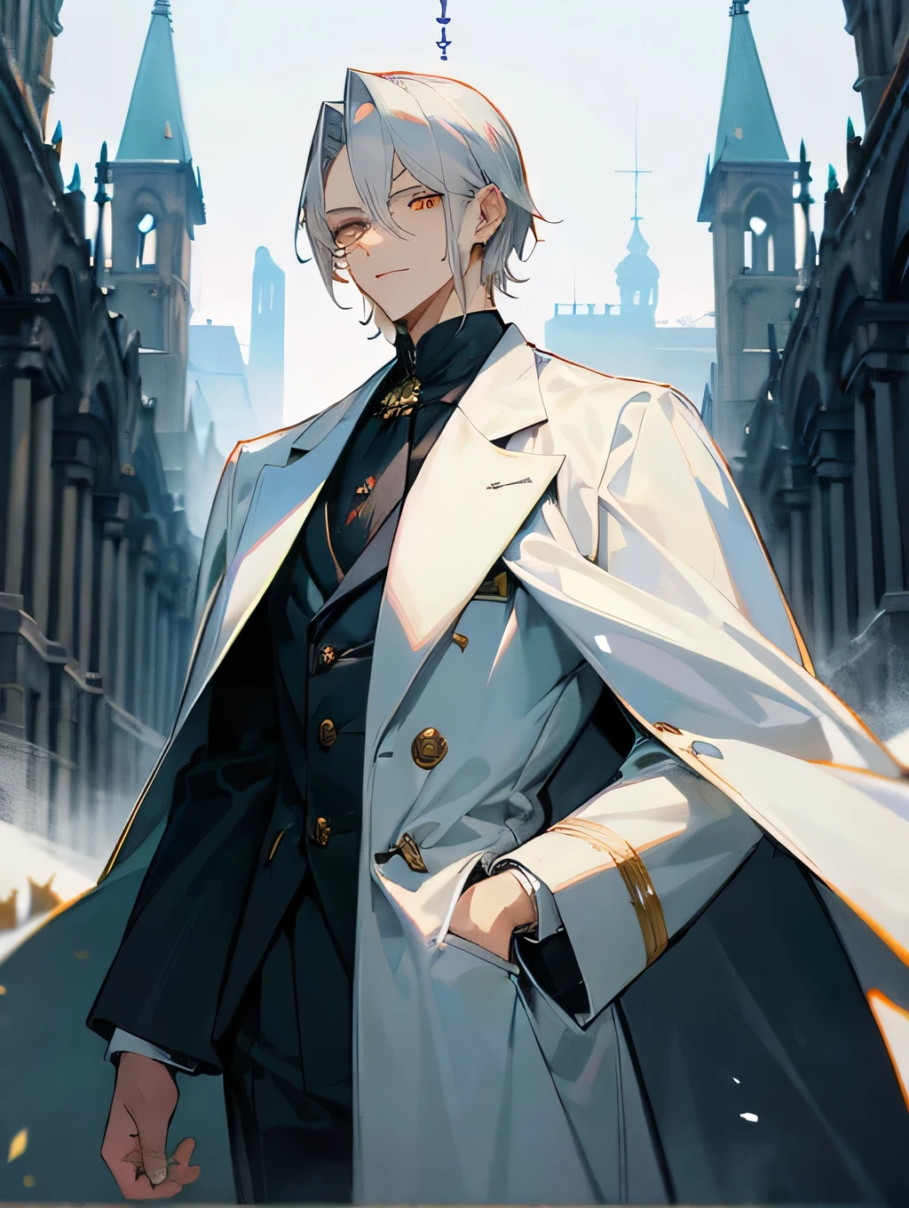 1boy, medium silver hair, golden eyes, wearing white suit, black long overcoat, tall pale body, historical city, historic mension, high res, ultrasharp, 8K, masterpiece, looking at viewer