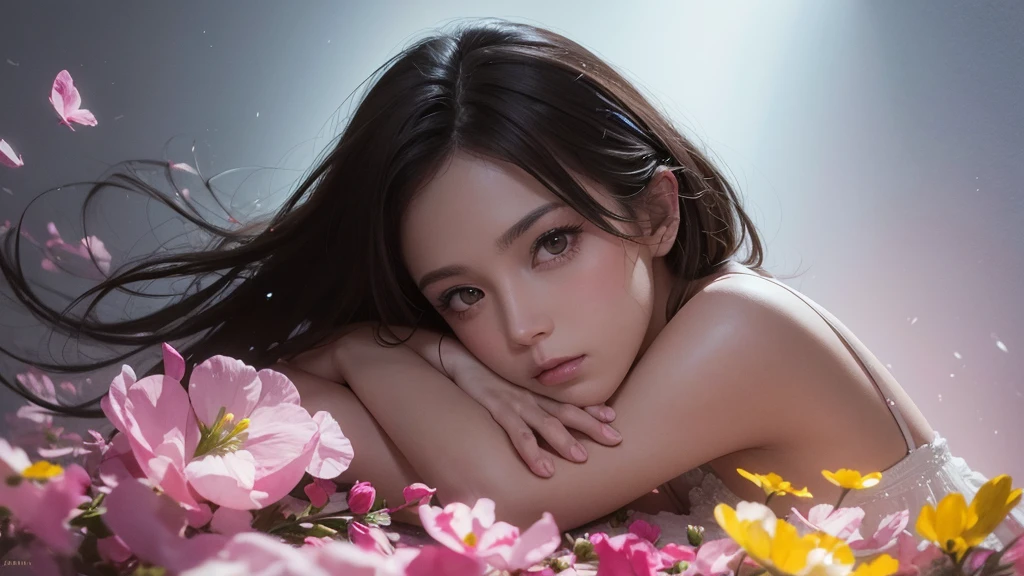 32k, Masterpiece, Highest quality, One girl, Brown Hair, Detailed eyes, flower,sweet pea, Pink and yellow style,A dreamy, romantic piece,Pale pink, Mysterious Leaves,A playful arrangement,Fantasy,High Contrast,Ink strokes,explosion,Exposure, Impression of pink and yellow tones,Abstract,((Watercolours by John Berkey and Jeremy Mann )) Brush strokes,Negative Space, Tyndall effect, White background