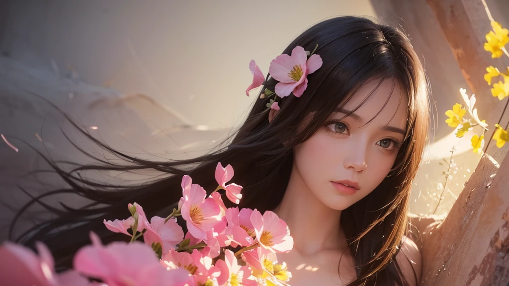 32k, Masterpiece, Highest quality, One girl, Brown Hair, Detailed eyes, flower,sweet pea, Pink and yellow style,A dreamy, romantic piece,Pale pink, Mysterious Leaves,A playful arrangement,Fantasy,High Contrast,Ink strokes,explosion,Exposure, Impression of pink and yellow tones,Abstract,((Watercolours by John Berkey and Jeremy Mann )) Brush strokes,Negative Space, Tyndall effect, White background