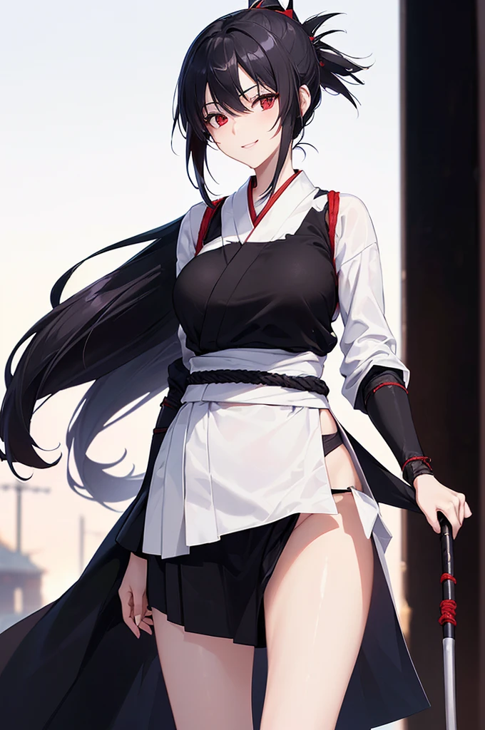 (masterpiece; best quality: 1.2), (finely detailed eyes: 1.3), ((25 year old woman)), ((solo)), (red eyes: 1.4), (body; lithe, slender, femenine: 1.3), (black hair in ponytail: 1.3), (beautiful and clear background: 1.2), ((depth of field)), (clothes: ronin attire + white kosode + black hakama + black sash: 1.3), (anime illustration: 1.2), (background composition; kendo dojo + night time: 1.1), (extremely fine and beautiful: 1.1), (shot composition; standing + centered on torso + close-up: 1.5), (expression; calm, smile: 1.2)
