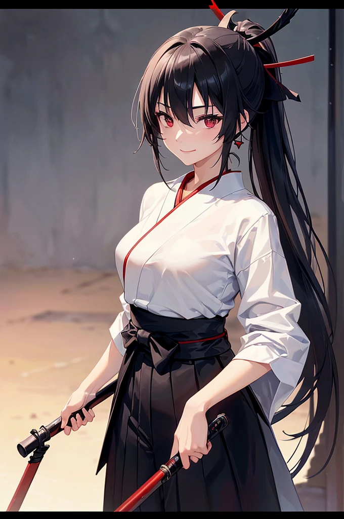 (masterpiece; best quality: 1.2), (finely detailed eyes: 1.3), ((25 year old woman)), ((solo)), (red eyes: 1.4), (body; lithe, slender, femenine: 1.3), (black hair in ponytail: 1.3), (beautiful and clear background: 1.2), ((depth of field)), (clothes: ronin attire + white kosode + black hakama + black sash: 1.3), (anime illustration: 1.2), (background composition; kendo dojo + night time: 1.1), (extremely fine and beautiful: 1.1), (shot composition; standing + centered on torso + close-up: 1.5), (expression; calm, smile: 1.2)
