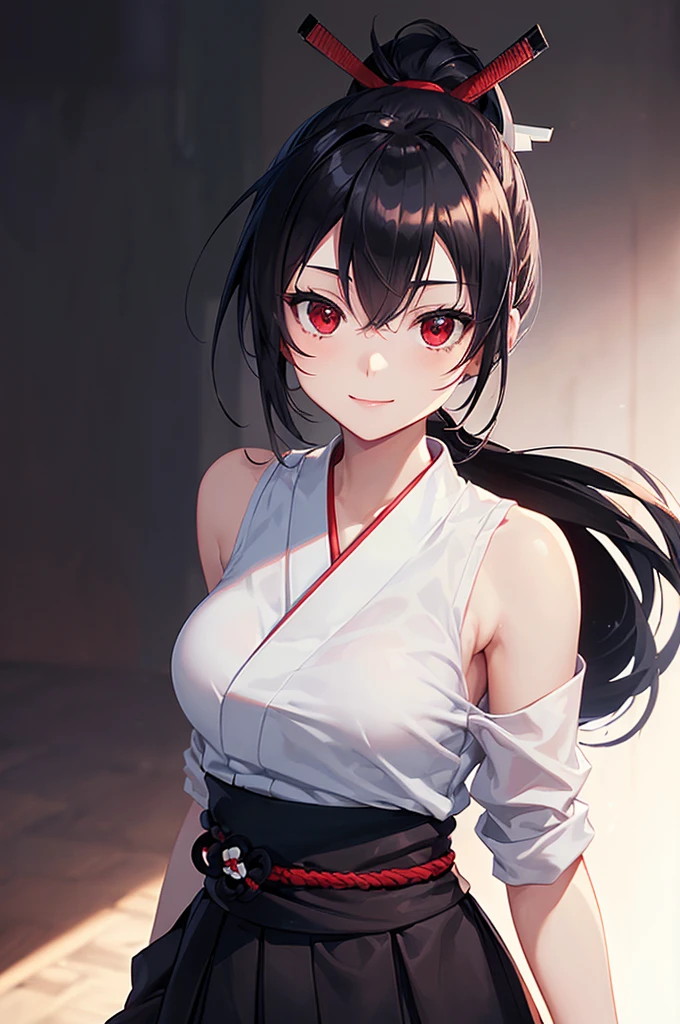(masterpiece; best quality: 1.2), (finely detailed eyes: 1.3), ((25 year old woman)), ((solo)), (red eyes: 1.4), (body; lithe, slender, femenine: 1.3), (black hair in ponytail: 1.3), (beautiful and clear background: 1.2), ((depth of field)), (clothes: ronin attire + white kosode + black hakama + black sash: 1.3), (anime illustration: 1.2), (background composition; kendo dojo + night time: 1.1), (extremely fine and beautiful: 1.1), (shot composition; standing + centered on torso + close-up: 1.5), (expression; calm, smile: 1.2)