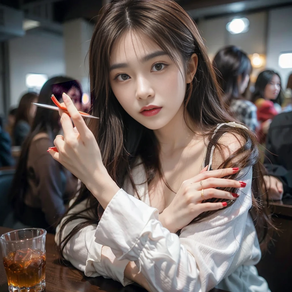 a girl with long red hair and a bow in her hair, chinese model, beautiful, asian, pretty nezuko, ayaka genshin impact, rin tohsaka, official artwork, demon slayer, tanjiro kamado, flaming katana, kawacy, anime visual of a cute girl, long sharp fingernails,