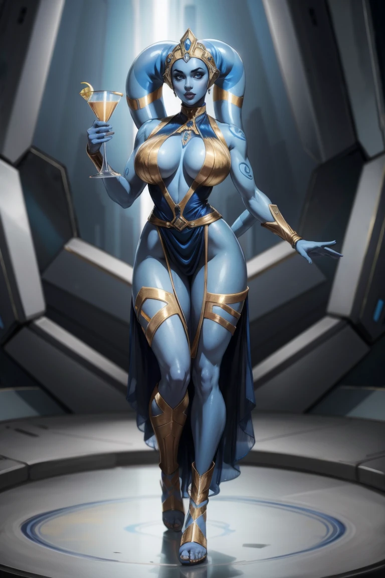 Tall Blue Skin Twi'lek with (huge breasts) wearing a tight short gold cocktail dress, short dress, high neck, sleeveless, (keyhole cleavage), tattoos, huge breasts, cleavage, tall, graceful, (tall, long legs), toned, slim hips, small waist, full-body shot