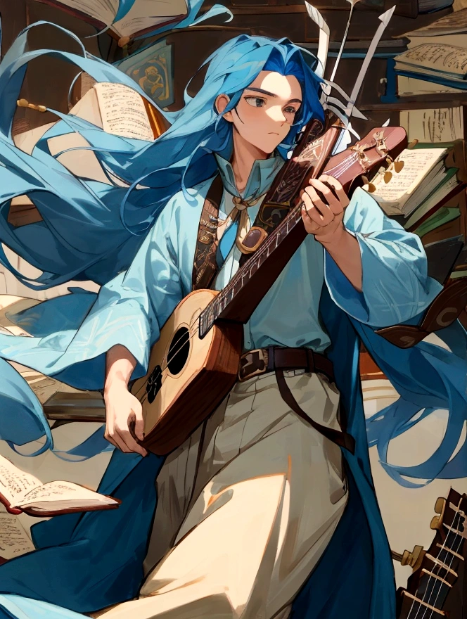 full-length, young guy, long blue hair, bard's clothes, ukulele on his belt, books in his hands, arrow in his chest