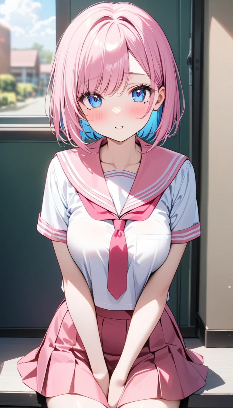 (1 girl),(Best Picture Quality, 8K, Masterpiece:1.3), (high school student:1.5), (pink lob hair:1.1), [skyblue hair:0.1], (bob cut),(swept bangs), (cute eyes, pupil black, iris skyblue, youthful face), (mole under right eye), (standard weight), (medium breasts), (glistening skin:1.1),(pale skin:1.2), ((serafuku, white sailor short sleeve simple shirt, pink skirt, pink sailor collar, pink tie)).