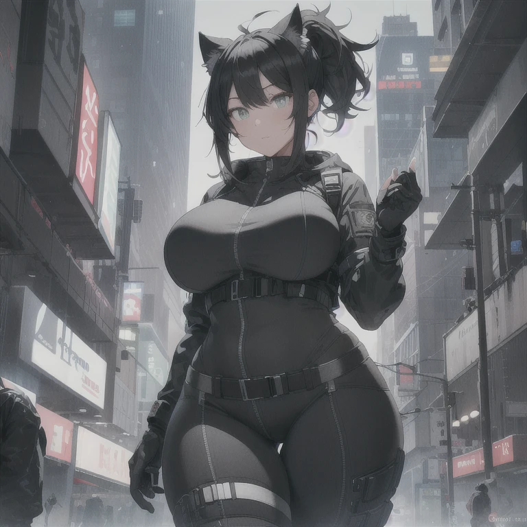 Absurd resolution, high resolution, (masterpiece: 1.4), hyper-detail, full body shot, solo, 1 kemono feline cat woman, humanoid, no skin other than neck and head shown, black hair, messy ponytail, cute face, detailed soft grey luminous eyes, huge massive hyper super swollen heavy breasts, breasts so big that cover her whole torso and are bigger than her head while being so big they reach her belly button, extremely super large swollen perky heavy bust, super huge enormously gigantic tits, gigantic bursting out of her top, inflated breasts, breasts_expansion, super gigantic swollen heavy tits, wide full hips, narrower torso and shoulders, smaller torso, full thicc big soft thighs, thicc thighs, big rounded full soft butt, thicc butt, ruggedized utility styled outfit, fully insulated suit, full body outfit coverage with no skin showing or revealed, airtight/watertight zippers and seals, scifi monochrome black and grey fullbody covering protective padding rugged loose-fitted pilot utility suit with strategically placed protective padding, white zipped utility cropped top for breasts support with a black strap horizontal across cleavage worn on top of suit, tactical strategic angular-patterned protective padding on hips and thighs and abdomen, practical/functional clothing, weather-proof durable clothing material, nylon clothing material, custom made clothing to fit and support large breasts, scifi padded rugged rigid high collar techwear jacket, armored high collar, white and black triangular decals and techwear iconography on apparel and clothing, techwear gloves, arm mounted strapped display scifi tablet/communication device/computer, ruggedized tech, ruggedized tech aesthetic, fitted utility pants, utility chaps, near future scifi, cyberpunk aesthetic, anime aesthetic, tactical aesthetic