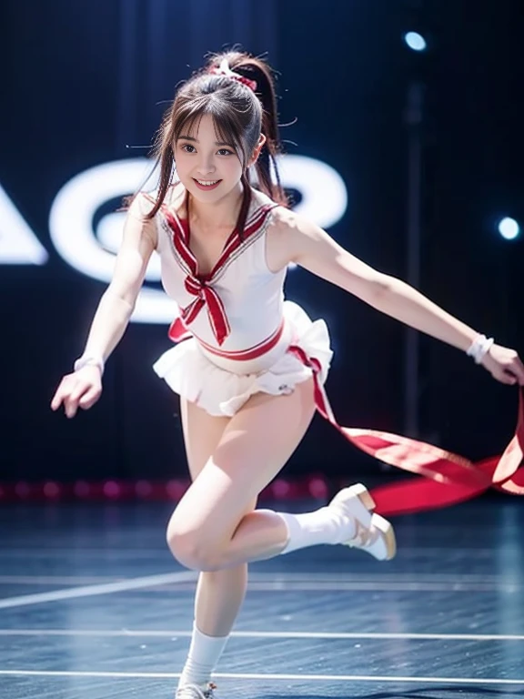 Photo-realistic quality、A 20-year-old idol wearing a white leotard and performing rhythmic gymnastics with a ribbon、Beautiful Japanese Model、looking at the camera、Detailed and beautiful eyes、Cute smile、A soft and gentle look、Full body photo、The ribbon is spinning widely