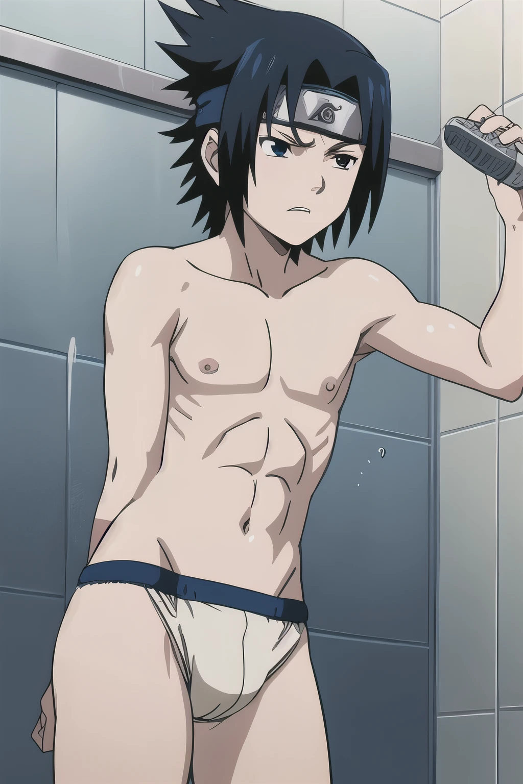 Sasuke, shirtless, underwear, blue briefs, muscle growth, showering, -yeld bo