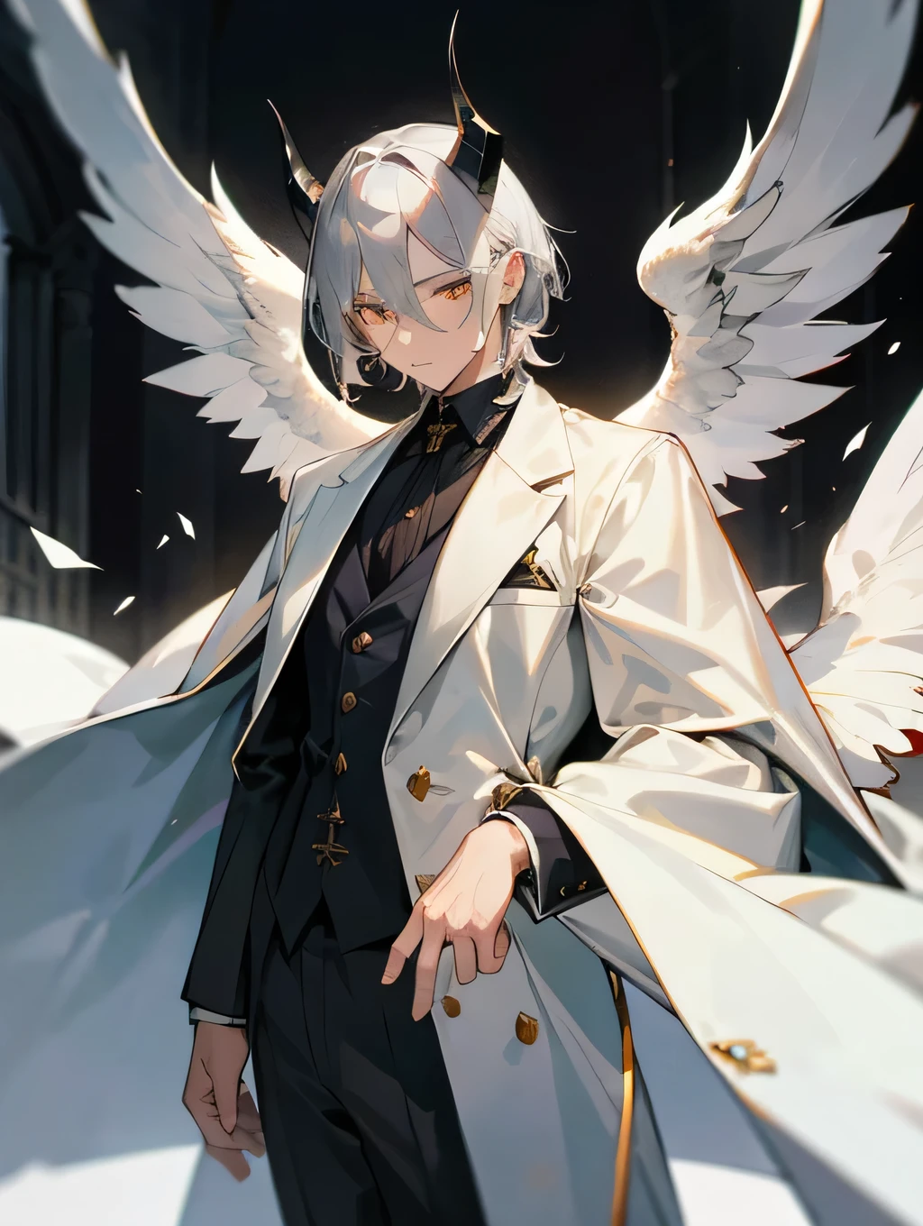 1boy, medium silver hair, golden eyes, wearing white suit, black long overcoat,5 pairs of black angelic wings, 5 pairs of black demonic horn, historical city, historic mension, high res, ultrasharp, 8K, masterpiece, looking at viewer