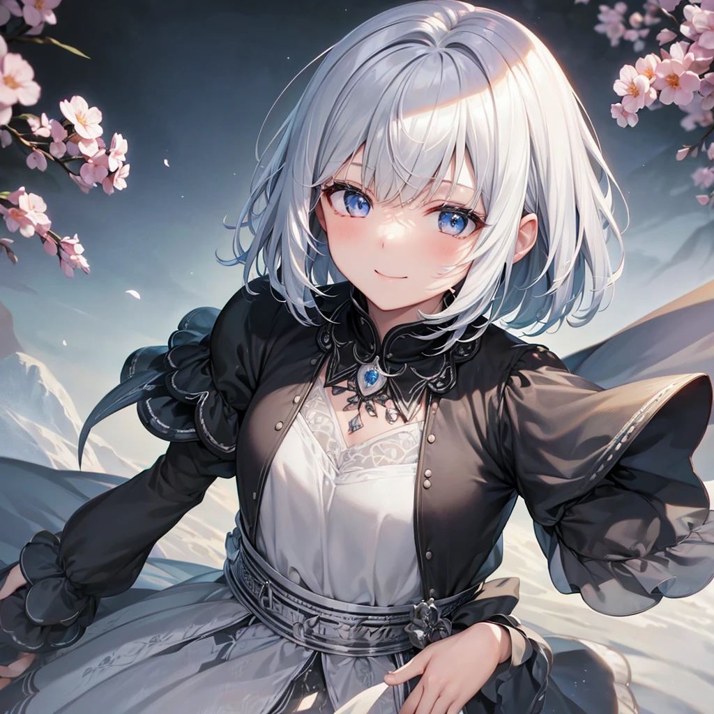 Ultra HD,Look at the viewers, Put your hands behind your back, With a girl, 20-year-old, 非常にShort Hair, Long bangs between the eyes, Pale blue eyes, hoodie, skirt , Very detailed,(masterpiece、Highest quality),Gray Hair、Laughter、Fantastic, Silver Hair, Iris, Short hair、 Fluttering Hair、Small Face、明るいsmile、(Detailed face) ,Professional Lighting,Wonderful landscape,blue sky, sunlight,Looking down from above,Portraiture、Open your mouth、Flower Field、Her eyes were shining、Mysterious and enchanting atmosphere。With AI Painting、とてもShort Hair, Long bangs between the eyes, Very detailed,(masterpiece、Highest quality)、alone、Gray Hair、Fantasy, Silver Hair, Fantasyな風景、White shirt、smile、Open your mouth、short hair、Short Hair、hairpin、black eye、Grey Eyes、Beautiful Eyes、