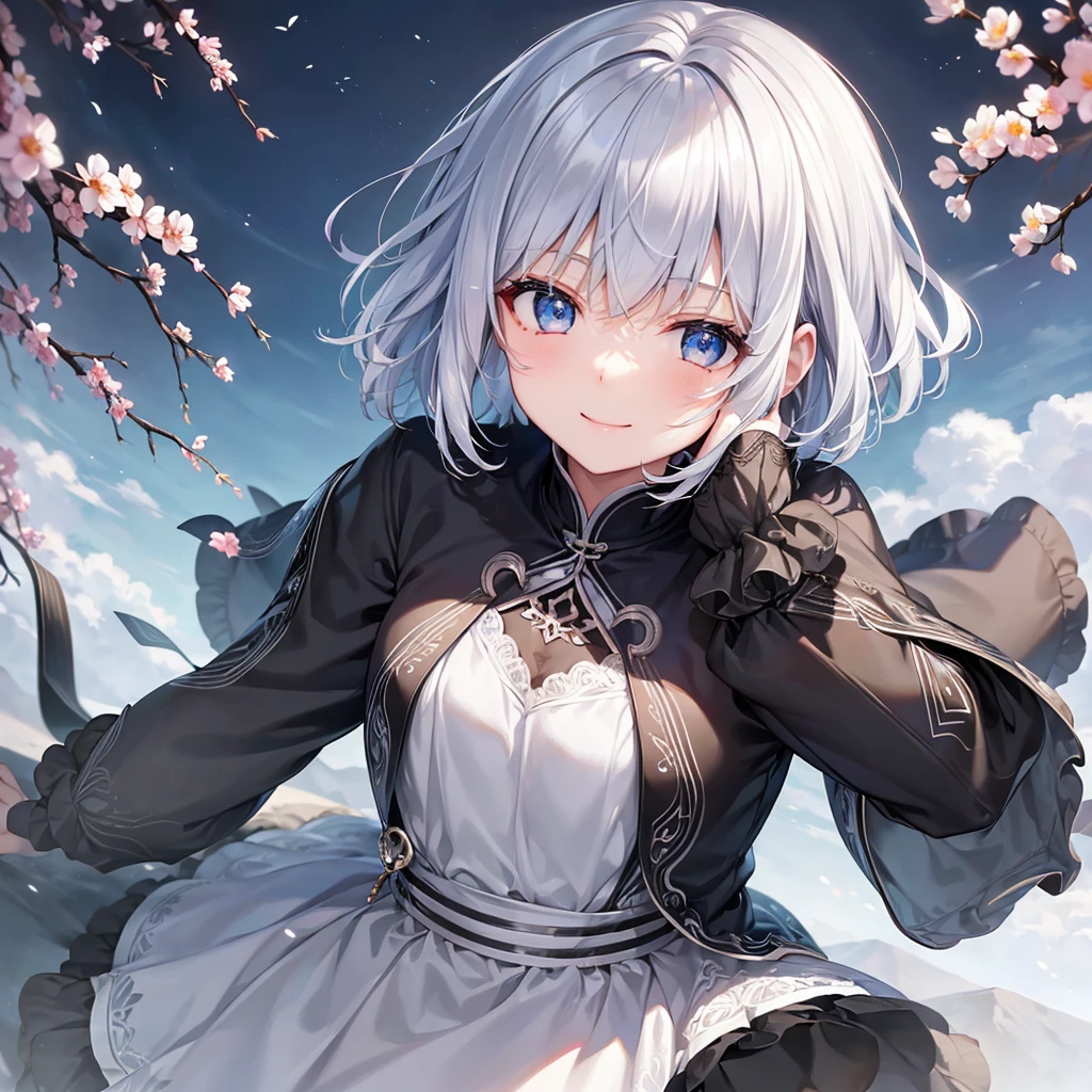 Ultra HD,Look at the viewers, Put your hands behind your back, With a girl, 20-year-old, 非常にShort Hair, Long bangs between the eyes, Pale blue eyes, hoodie, skirt , Very detailed,(masterpiece、Highest quality),Gray Hair、Laughter、Fantastic, Silver Hair, Iris, Short hair、 Fluttering Hair、Small Face、明るいsmile、(Detailed face) ,Professional Lighting,Wonderful landscape,blue sky, sunlight,Looking down from above,Portraiture、Open your mouth、Flower Field、Her eyes were shining、Mysterious and enchanting atmosphere。With AI Painting、とてもShort Hair, Long bangs between the eyes, Very detailed,(masterpiece、Highest quality)、alone、Gray Hair、Fantasy, Silver Hair, Fantasyな風景、White shirt、smile、Open your mouth、short hair、Short Hair、hairpin、black eye、Grey Eyes、Beautiful Eyes、