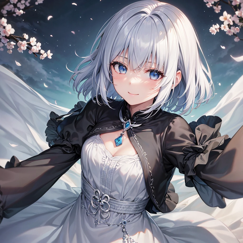 Ultra HD,Look at the viewers, Put your hands behind your back, With a girl, 20-year-old, 非常にShort Hair, Long bangs between the eyes, Pale blue eyes, hoodie, skirt , Very detailed,(masterpiece、Highest quality),Gray Hair、Laughter、Fantastic, Silver Hair, Iris, Short hair、 Fluttering Hair、Small Face、明るいsmile、(Detailed face) ,Professional Lighting,Wonderful landscape,blue sky, sunlight,Looking down from above,Portraiture、Open your mouth、Flower Field、Her eyes were shining、Mysterious and enchanting atmosphere。With AI Painting、とてもShort Hair, Long bangs between the eyes, Very detailed,(masterpiece、Highest quality)、alone、Gray Hair、Fantasy, Silver Hair, Fantasyな風景、White shirt、smile、Open your mouth、short hair、Short Hair、hairpin、black eye、Grey Eyes、Beautiful Eyes、