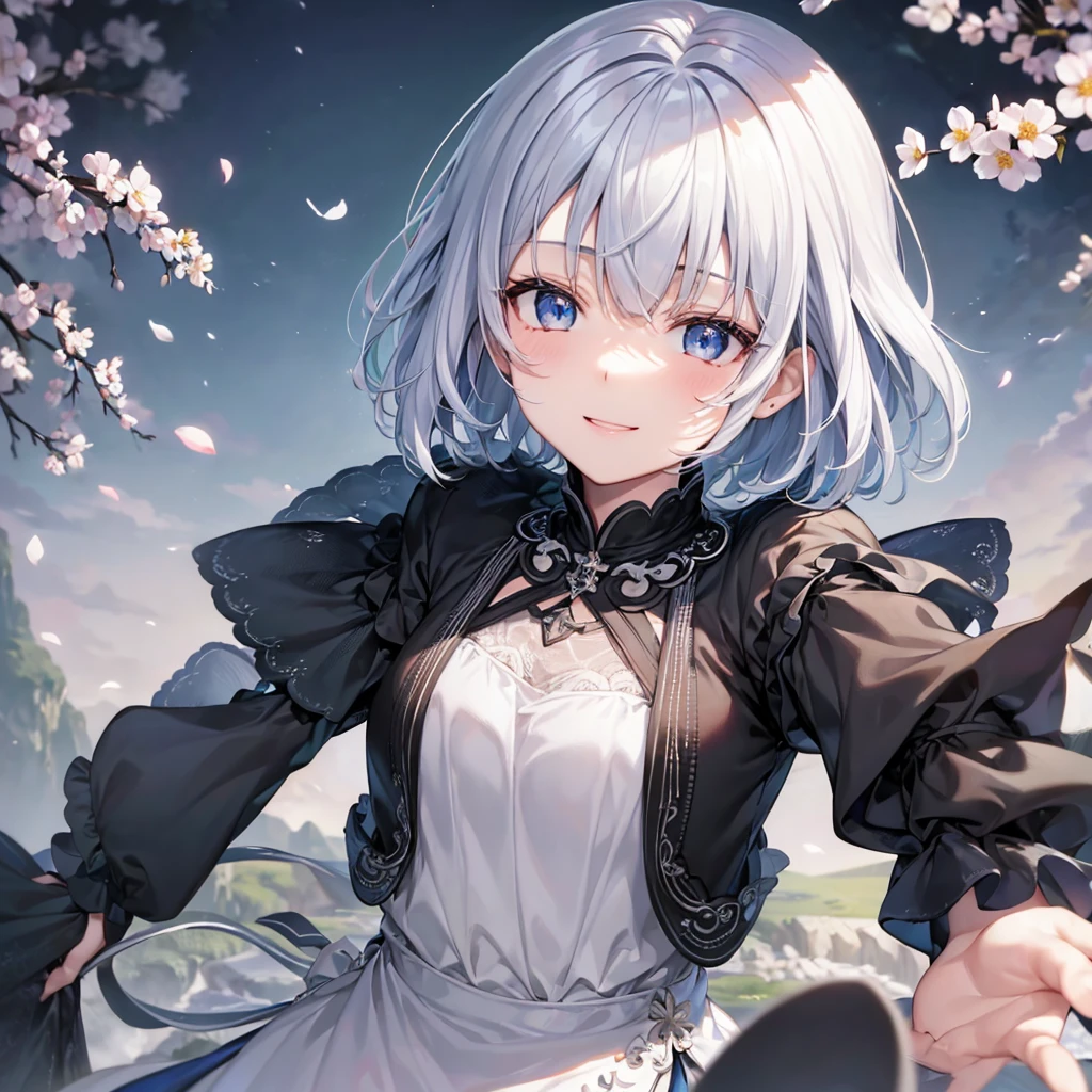 Ultra HD,Look at the viewers, Put your hands behind your back, With a girl, 20-year-old, 非常にShort Hair, Long bangs between the eyes, Pale blue eyes, hoodie, skirt , Very detailed,(masterpiece、Highest quality),Gray Hair、Laughter、Fantastic, Silver Hair, Iris,  Short hair、 Fluttering Hair、Small Face、明るいsmile、(Detailed face) ,Professional Lighting,Wonderful landscape,blue sky, sunlight,Looking down from above,Portraiture、Open your mouth、Flower Field、Her eyes were shining、Mysterious and enchanting atmosphere。With AI Painting、とてもShort Hair, Long bangs between the eyes, Very detailed,(masterpiece、Highest quality)、alone、Gray Hair、Fantasy, Silver Hair, Fantasyな風景、White shirt、smile、Open your mouth、short hair、Short Hair、hairpin、black eye、Grey Eyes、Beautiful Eyes、