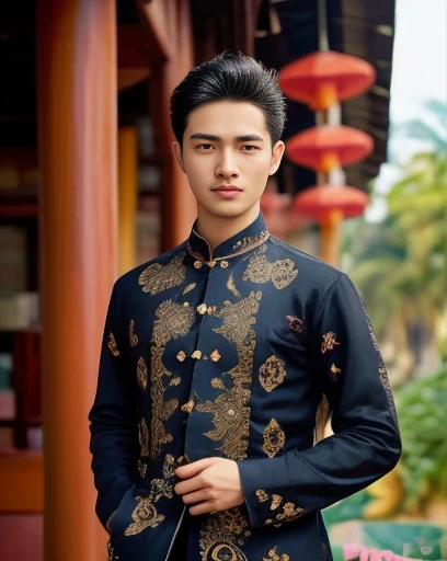 An Araf man stands on the beach with the sunset in the background.., portait photo Profile pictureture, Profile picture, Cleans the wide surface of the face., cute young man, headshot Profile pictureture, handsome man, Handsome and charming, Very charming and beautiful, Close-up of a Southeast Asian man with a round face.., black eyes, staring at the viewer, morning sun, ((face details)), Double eyelids, realistic, Masterpiece, Highest quality, lens flare, shade, [[Chromatic aberration, digital painting, 8K, 45,000,000,000 pixels,, t-shirt, short hair, black eyes,abdominal muscles, The body is beautiful and strong..,, (digital painting, HDR, high contrast