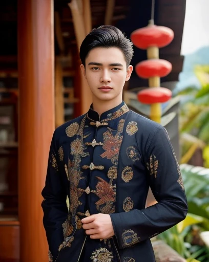 An Araf man stands on the beach with the sunset in the background.., portait photo Profile pictureture, Profile picture, Cleans the wide surface of the face., cute young man, headshot Profile pictureture, handsome man, Handsome and charming, Very charming and beautiful, Close-up of a Southeast Asian man with a round face.., black eyes, staring at the viewer, morning sun, ((face details)), Double eyelids, realistic, Masterpiece, Highest quality, lens flare, shade, [[Chromatic aberration, digital painting, 8K, 45,000,000,000 pixels,, t-shirt, short hair, black eyes,abdominal muscles, The body is beautiful and strong..,, (digital painting, HDR, high contrast
