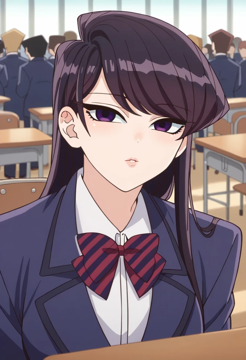 best quality, masterpiece, (miniskirt), komi_shouko, 1 girl, alone, long hair, black hair, looking at viewer, black eyes, bangs, (beautiful detailed background, beautiful detailed eyes, perfect face , lip, nose, eyelashes), perfect female body, school background, school chair, crowd, crowd of person