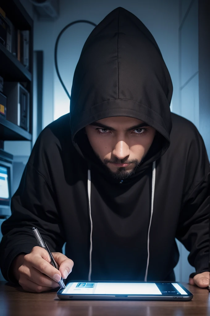 A hacker with a black hood programming shows him from behind 