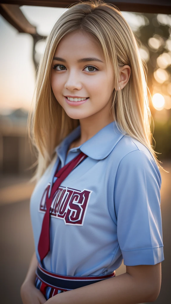 Highest quality,masterpiece:1.3,Ultra-high resolution),(Very detailed,Caustics,8K),(Realistic:1.4,RAW shooting),American girl wearing high school jersey,smile,18-year-old,Blonde Hair Color、American eyes、Semi-long haircut,Looking into the camera,School playground、Waist up shot,front,Face Focus,Face close-up,(Warm Light),Professional Writing