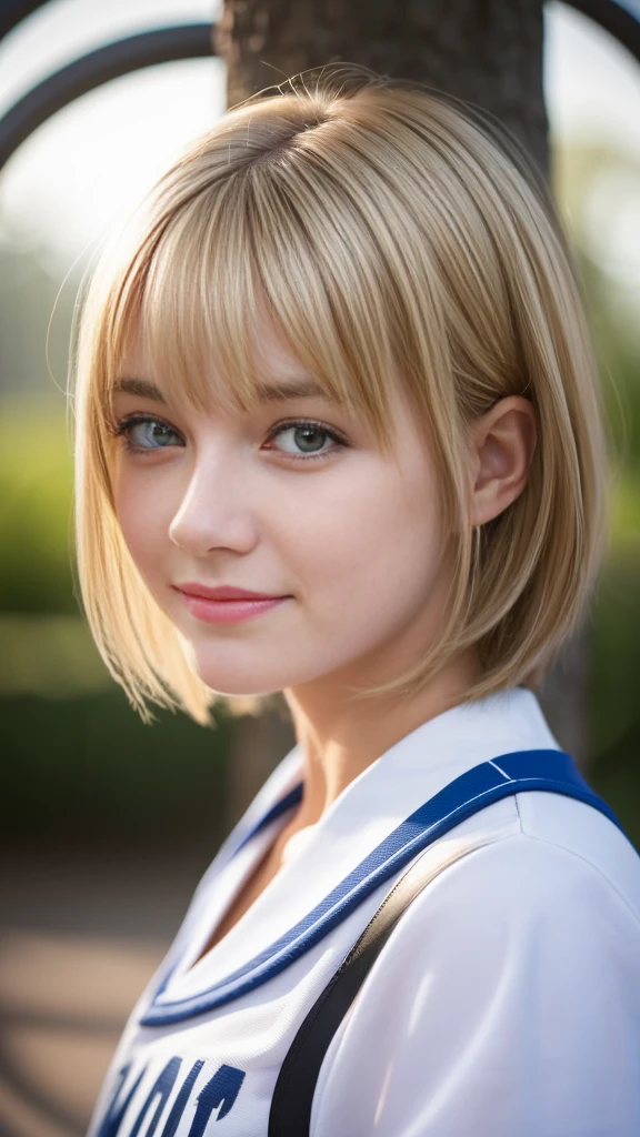 Highest quality,masterpiece:1.3,Ultra-high resolution),(Very detailed,Caustics,8K),(Realistic:1.4,RAW shooting),American girl wearing high school jersey,smile,18-year-old,Blonde Hair Color、American eyes、Semi-long haircut,Looking into the camera,School playground、Waist up shot,front,Face Focus,Face close-up,(Warm Light),Professional Writing