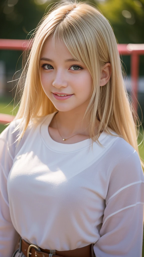 Highest quality,masterpiece:1.3,Ultra-high resolution),(Very detailed,Caustics,8K),(Realistic:1.4,RAW shooting),American girl wearing high school jersey,smile,18-year-old,Blonde Hair Color、American eyes、Semi-long haircut,Looking into the camera,School playground、Waist up shot,front,Face Focus,Face close-up,(Warm Light),Professional Writing