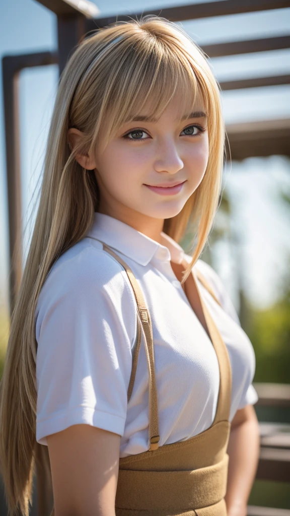Highest quality,masterpiece:1.3,Ultra-high resolution),(Very detailed,Caustics,8K),(Realistic:1.4,RAW shooting),American girl wearing high school jersey,smile,18-year-old,Blonde Hair Color、American eyes、Semi-long haircut,Looking into the camera,School playground、Waist up shot,front,Face Focus,Face close-up,(Warm Light),Professional Writing